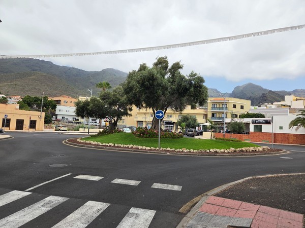 Rotonda con isla ajardinada y fondo montañoso en Adeje.