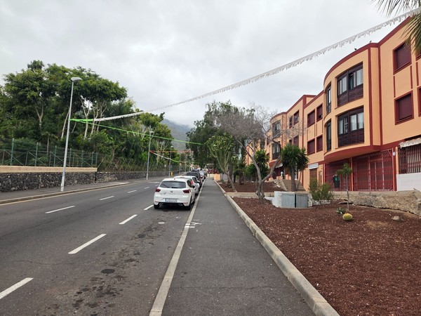 Vista de la avenida Las Nieves con edificios residenciales y guirnaldas festivas.
