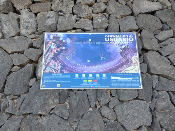 Panel informativo con mapa de corrientes y recomendaciones de seguridad para los usuarios de la playa.